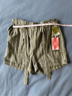Ci Sono Olive Green & White Striped High Waist Tie Shorts